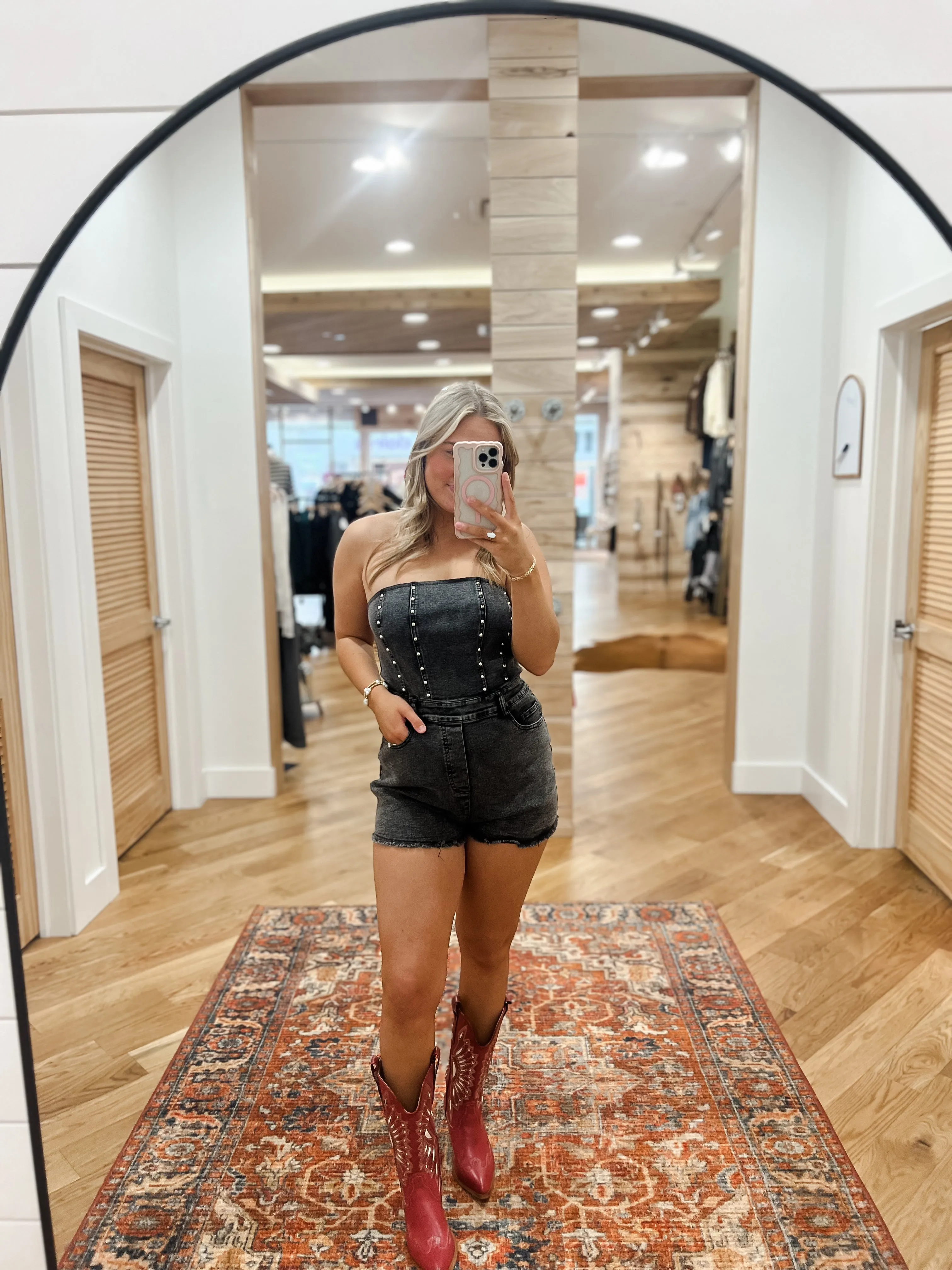 Western Strapless Washed Denim Romper