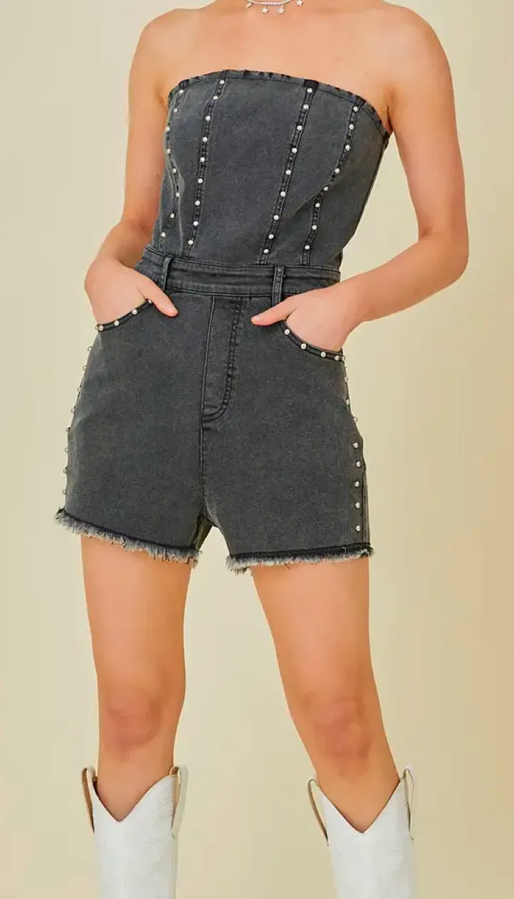 Western Strapless Washed Denim Romper