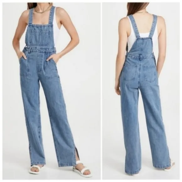 WeWoreWhat Slouchy Slit Overalls in Steel Jeans Pants Jumpsuit Wide Leg