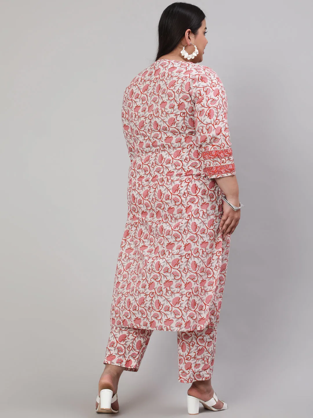 White & Pink Printed Straight Kurta Paired With Printed Palazzo