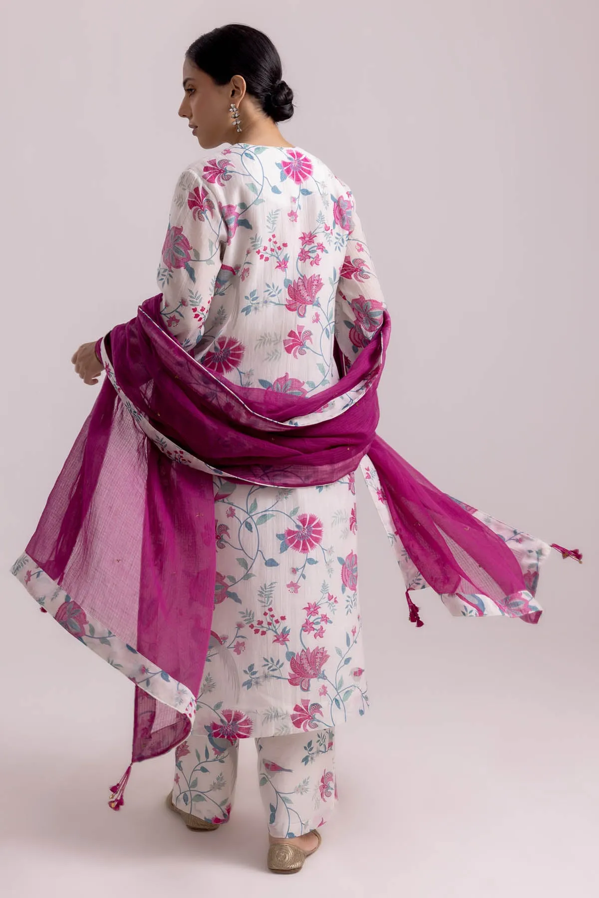 White Chanderi Printed Kurta Set