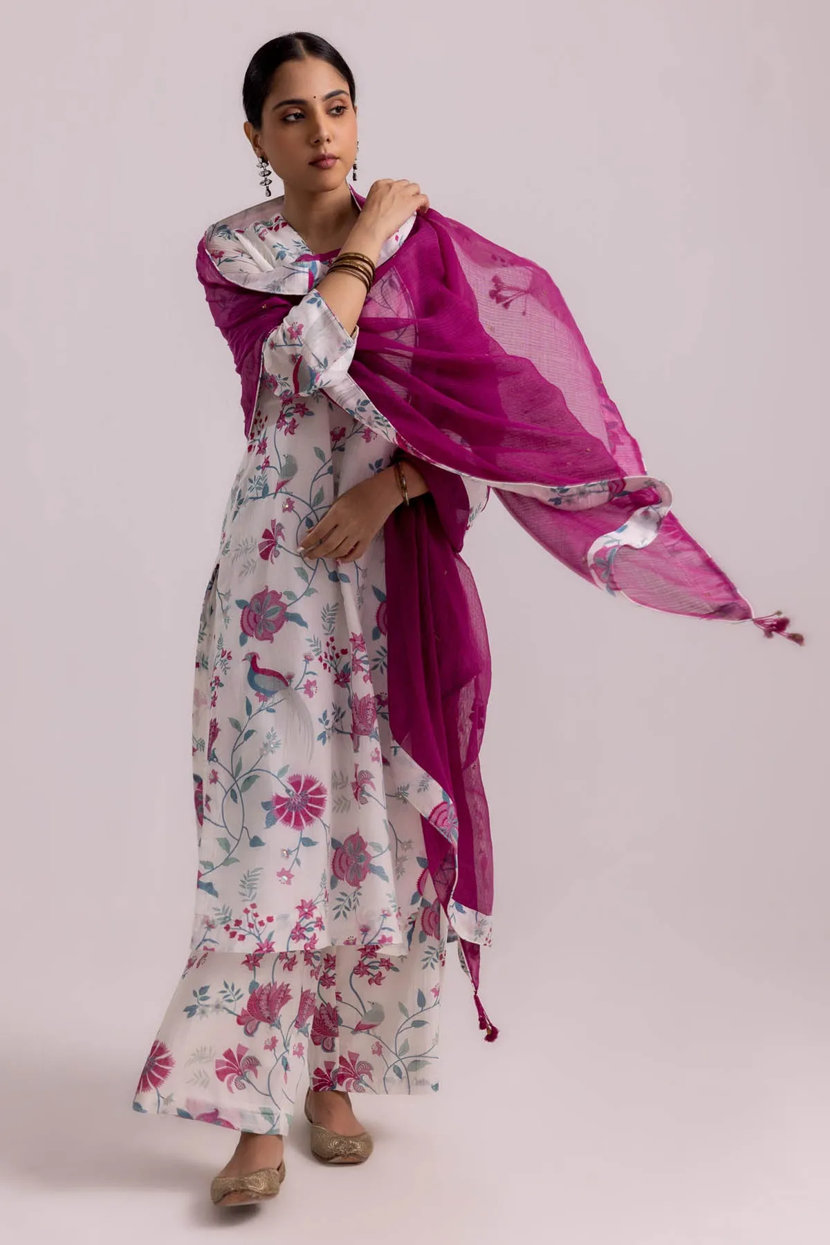 White Chanderi Printed Kurta Set