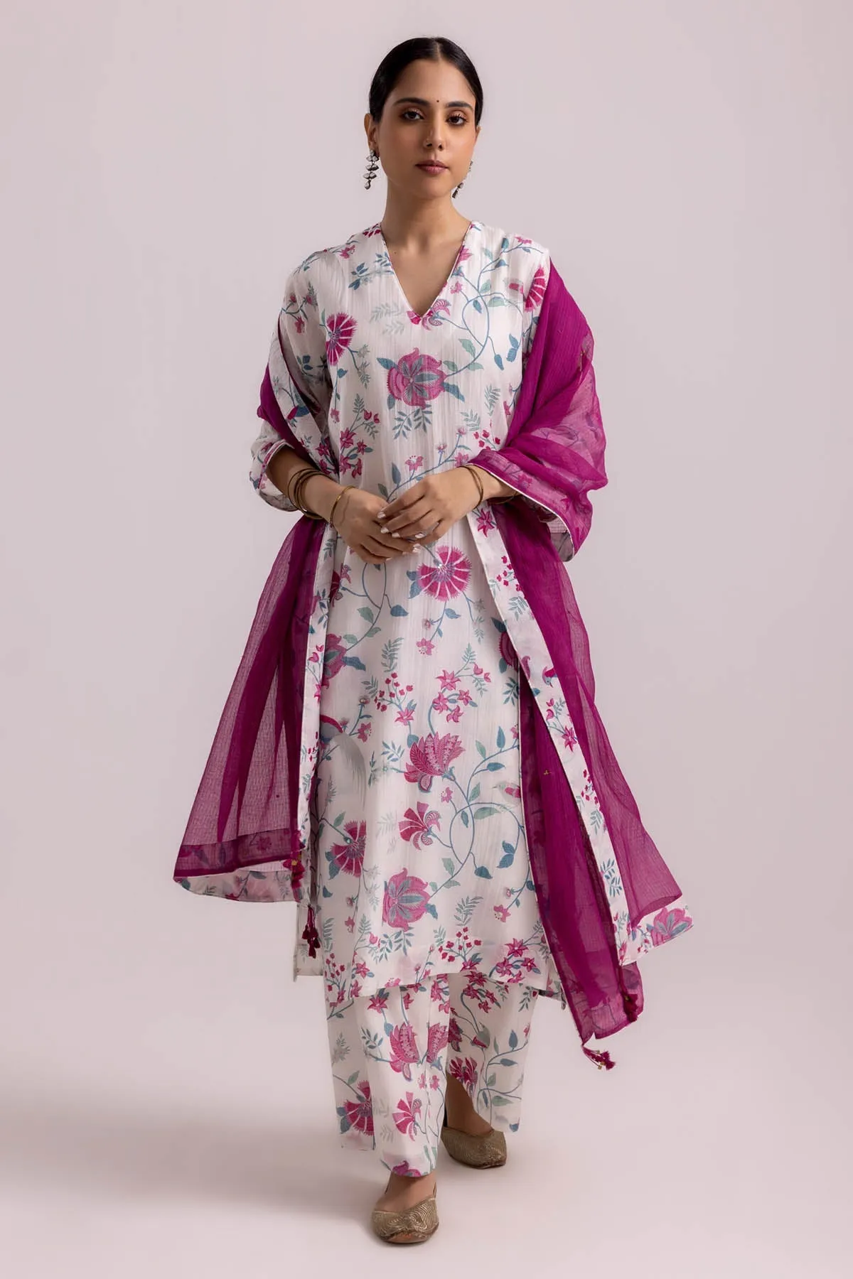 White Chanderi Printed Kurta Set
