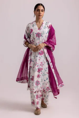 White Chanderi Printed Kurta Set