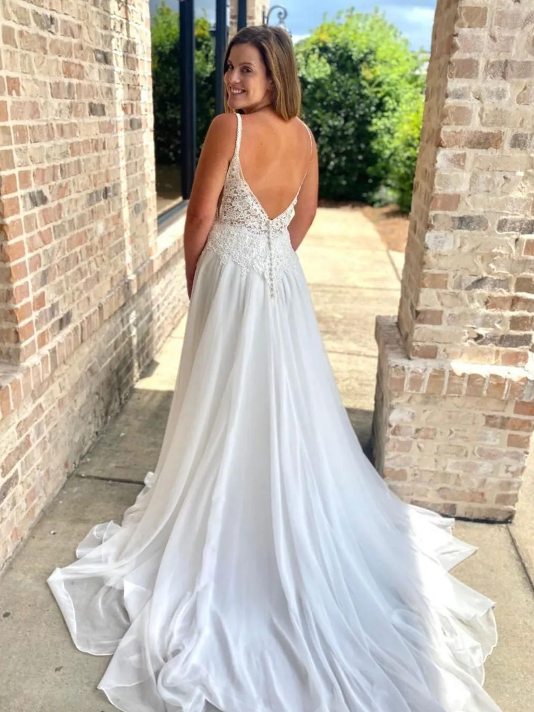 White chiffon lace long prom dress, white chiffon evening dress