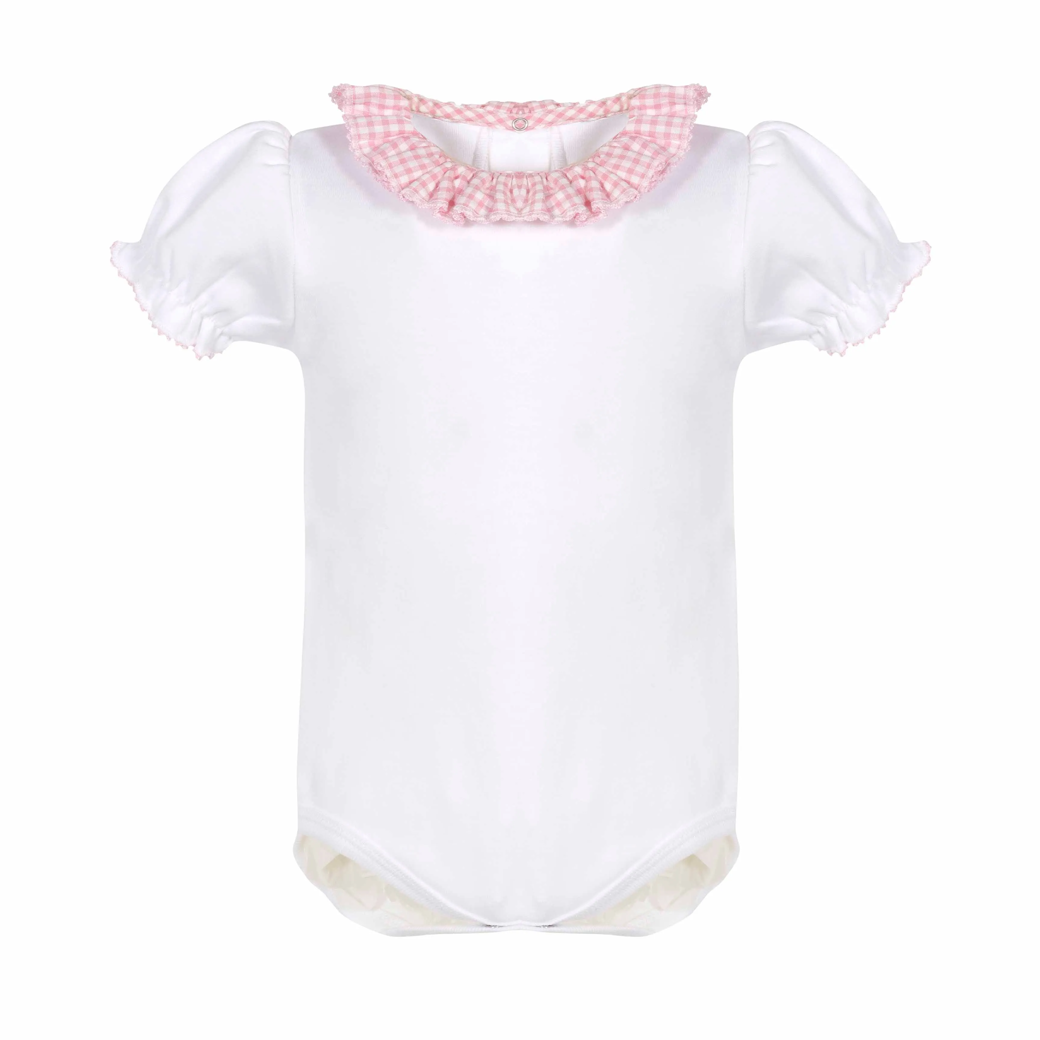 White Cotton Baby Girl Pink Seersucker Ruffle Onesie