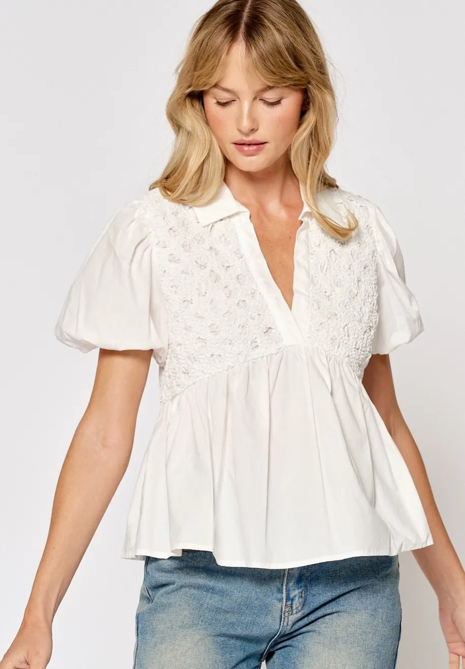 White Cotton Peplum Balloon Sleeve Blouse