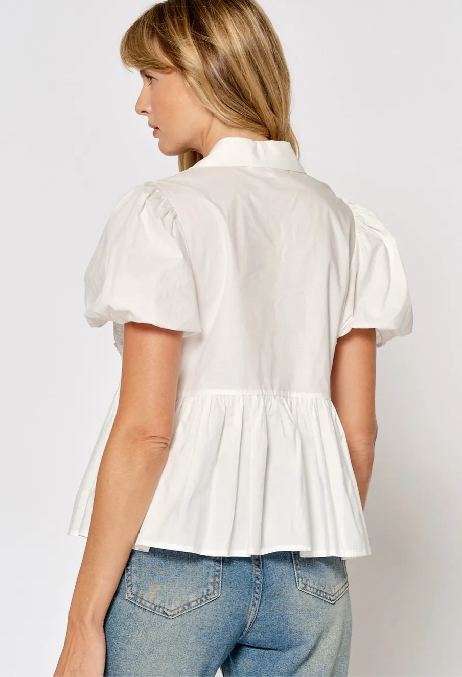 White Cotton Peplum Balloon Sleeve Blouse