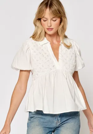 White Cotton Peplum Balloon Sleeve Blouse