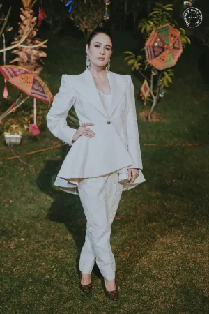 White Embroidered Pepum Blazer Set