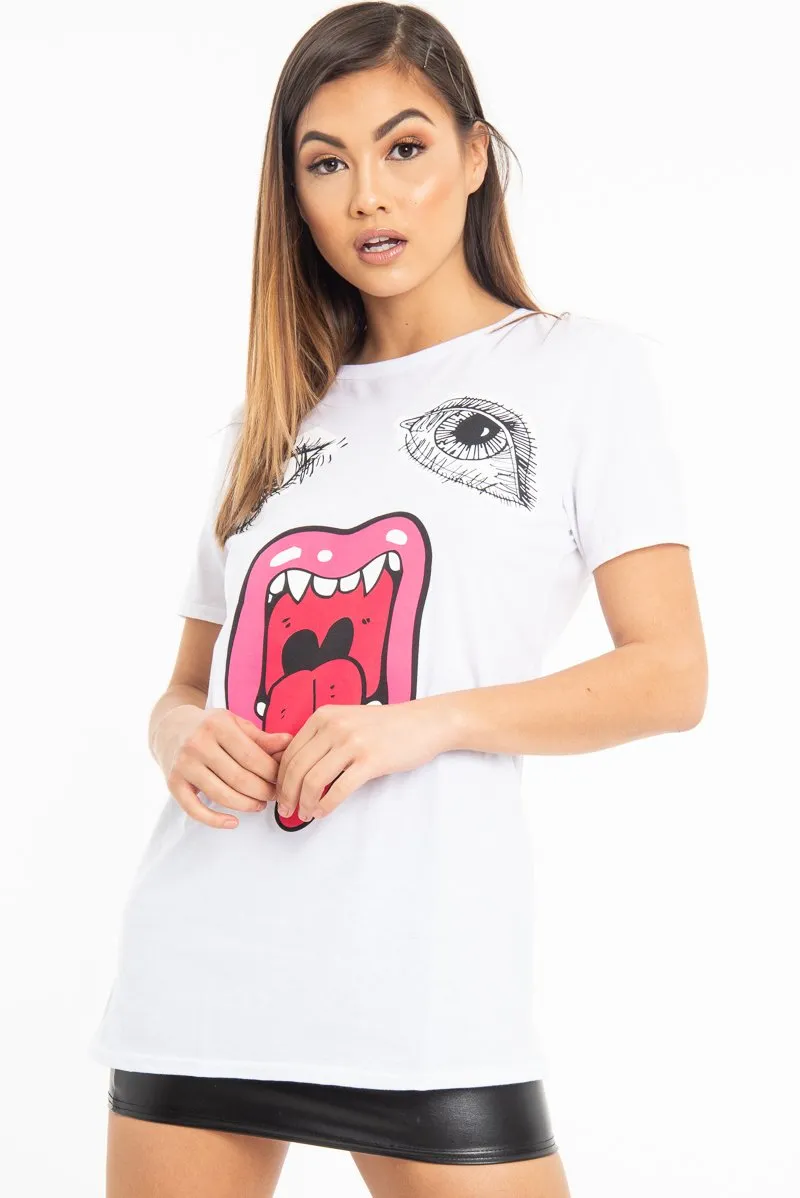 White Eyes Lips Print T-Shirt - Ayva