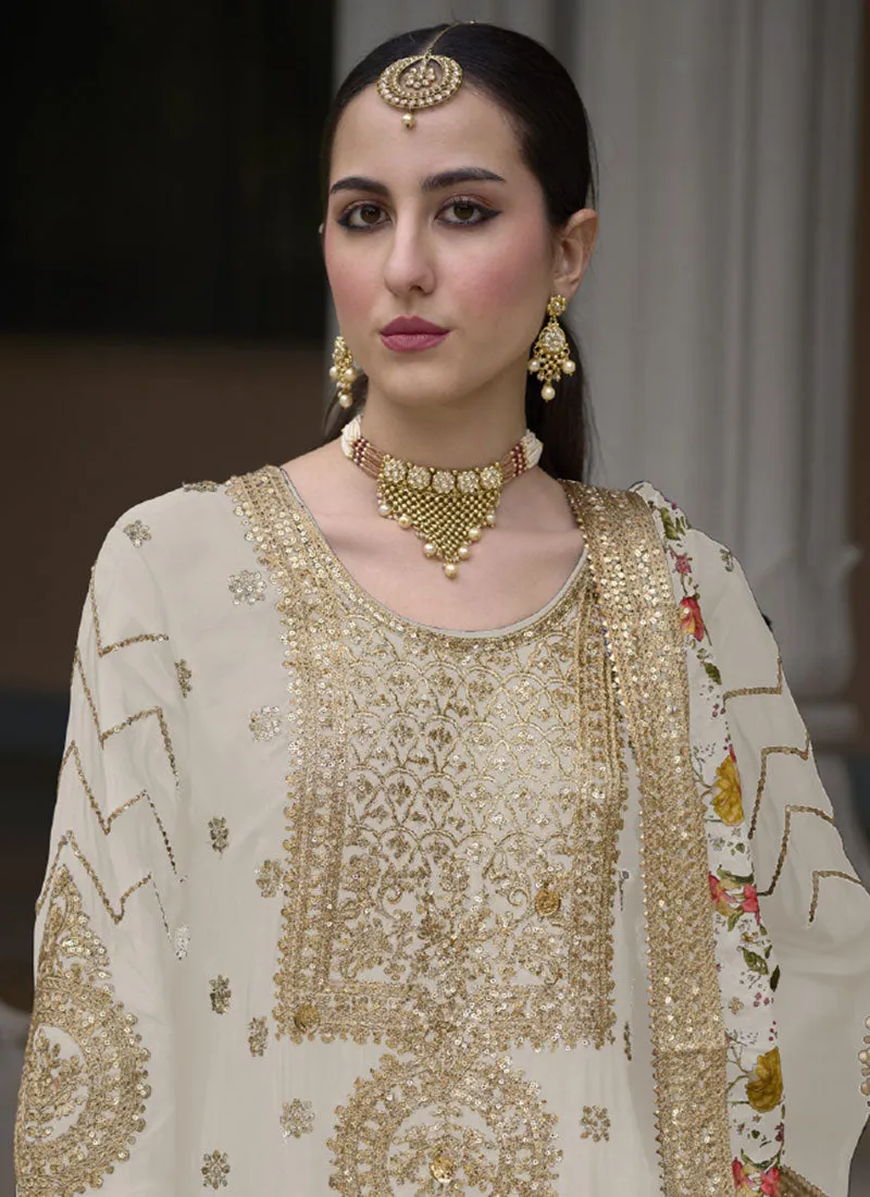 White Golden Sequence Embroidery Festive Palazzo Suit