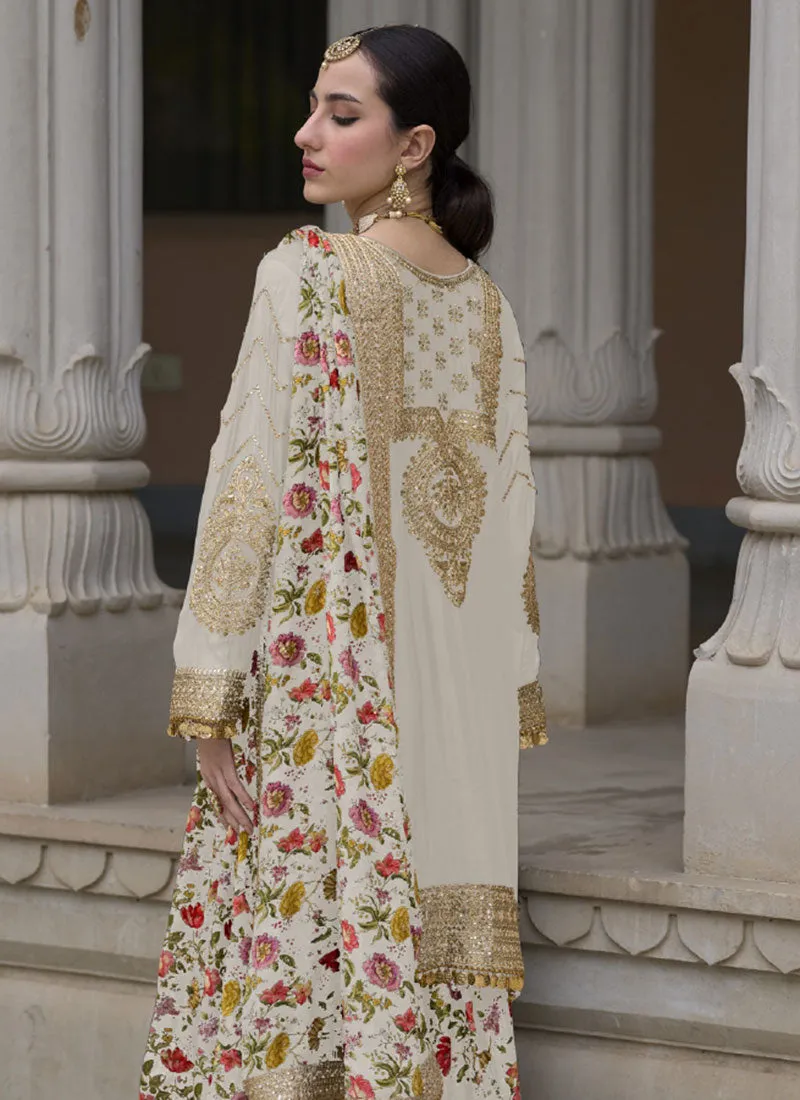 White Golden Sequence Embroidery Festive Palazzo Suit
