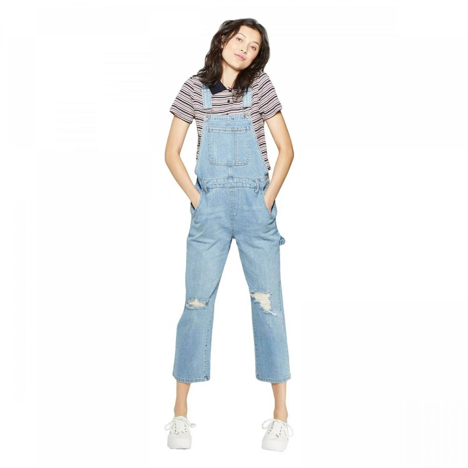 Wild Fable Women's Relaxed Sleeveless Square Neck Distressed Denim Overalls