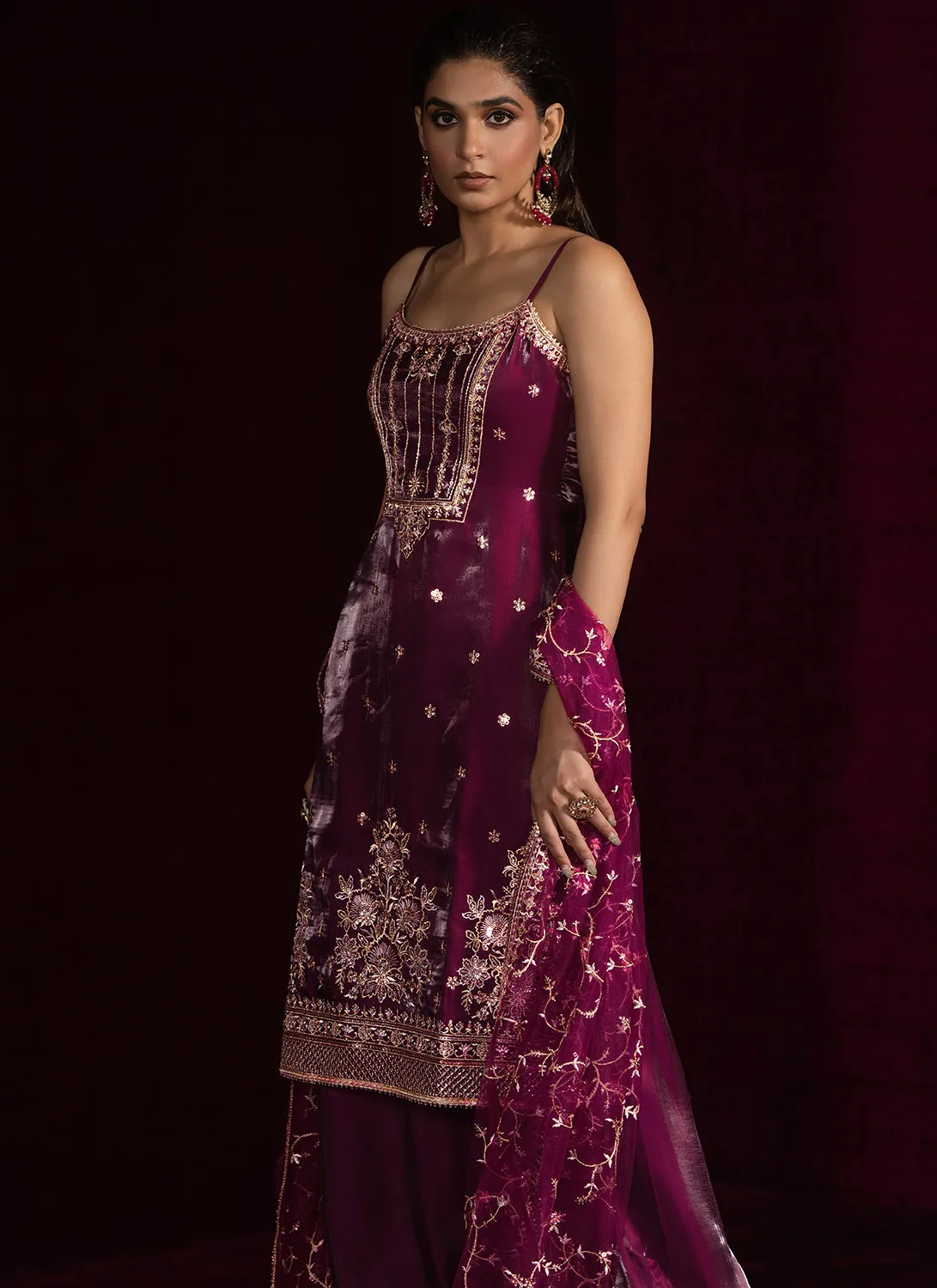 Wine Embroidered Palazzo Suit