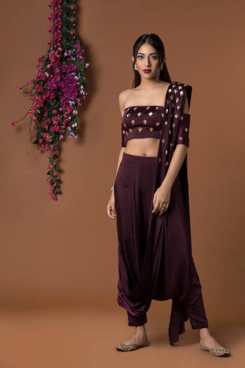 WINE LOW CROTCH PANTS SARI SET