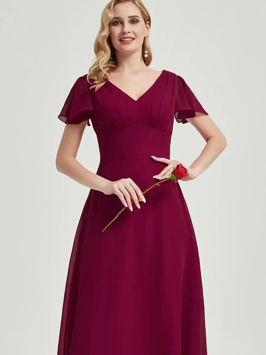 Wine Red Ruffle Sleeves Backless Empire Maxi Chiffon Bridesmaid Dress
