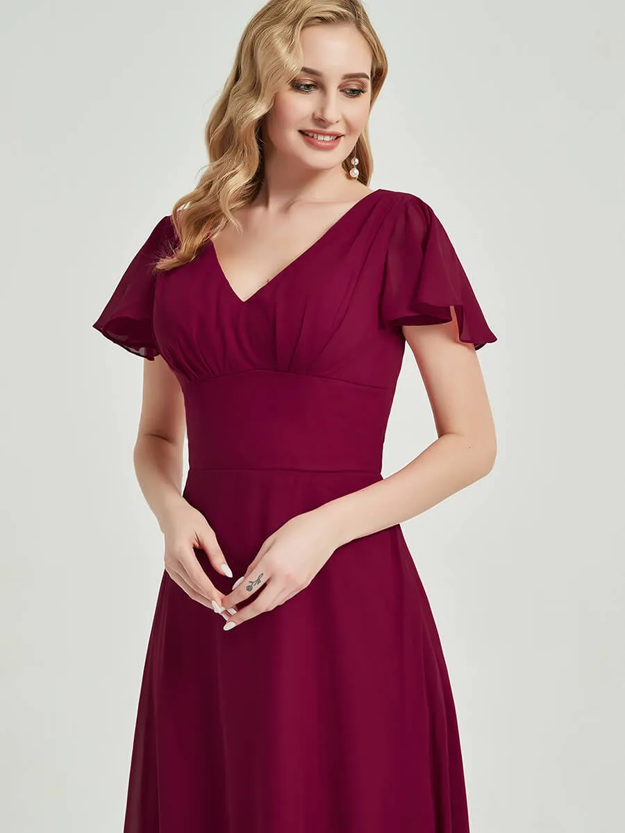 Wine Red Ruffle Sleeves Backless Empire Maxi Chiffon Bridesmaid Dress