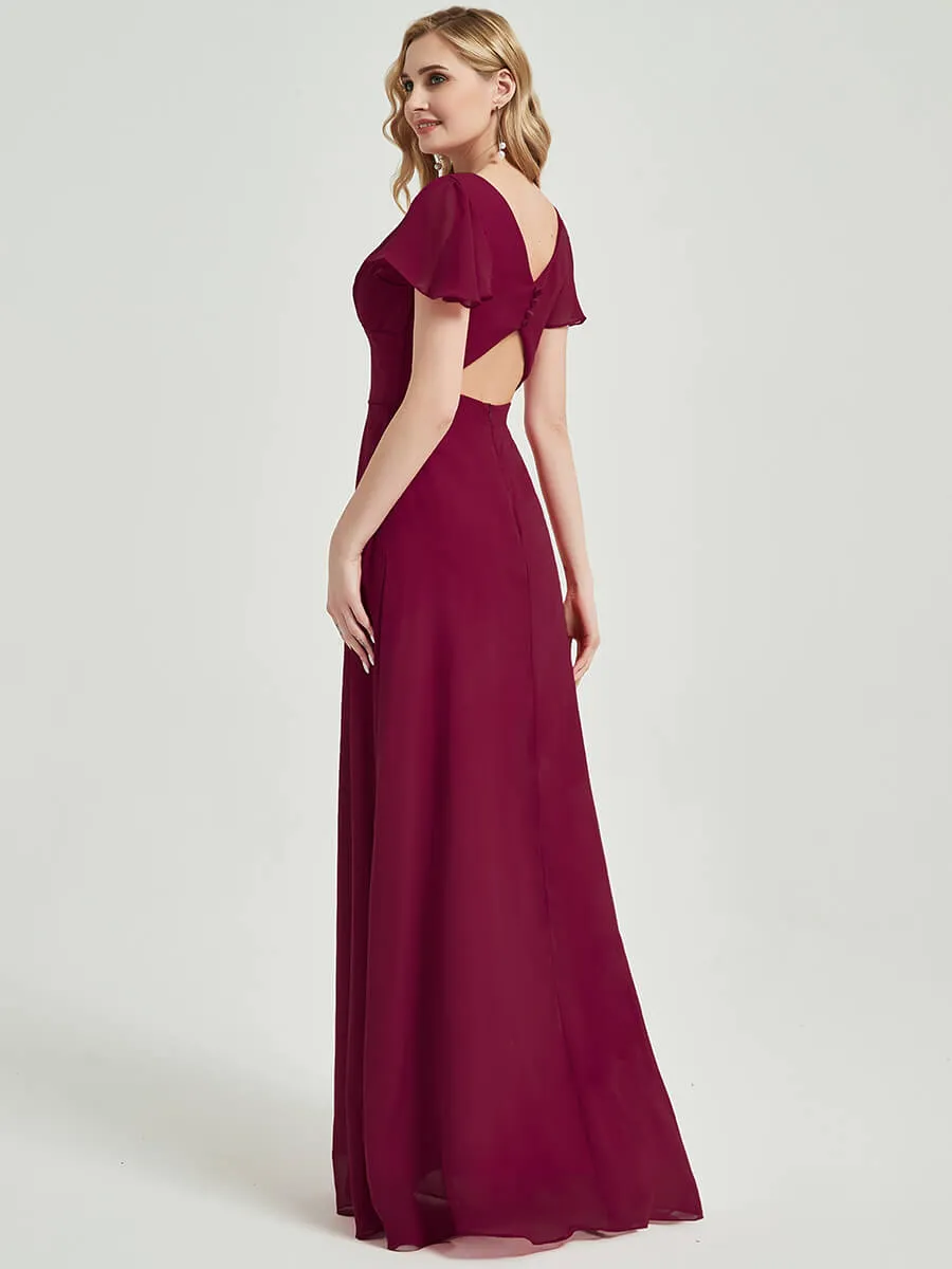 Wine Red Ruffle Sleeves Backless Empire Maxi Chiffon Bridesmaid Dress