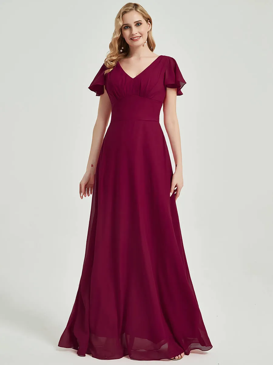 Wine Red Ruffle Sleeves Backless Empire Maxi Chiffon Bridesmaid Dress