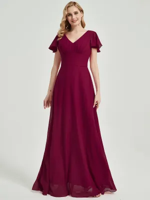 Wine Red Ruffle Sleeves Backless Empire Maxi Chiffon Bridesmaid Dress