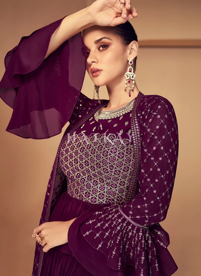 Wine Sequence Embroidered Jacket Style Gharara Suit