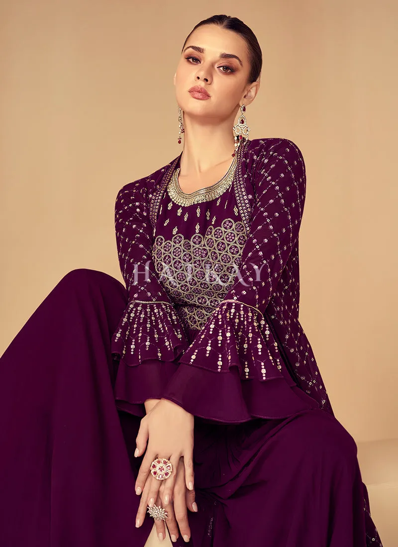 Wine Sequence Embroidered Jacket Style Gharara Suit