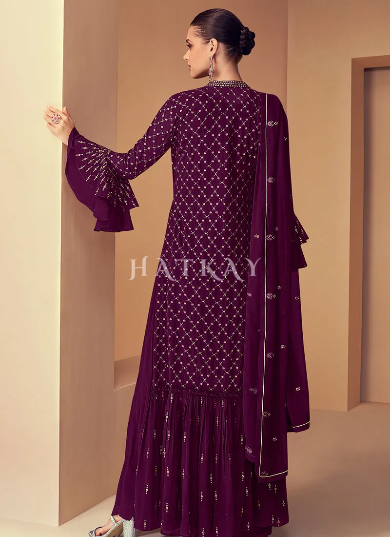 Wine Sequence Embroidered Jacket Style Gharara Suit