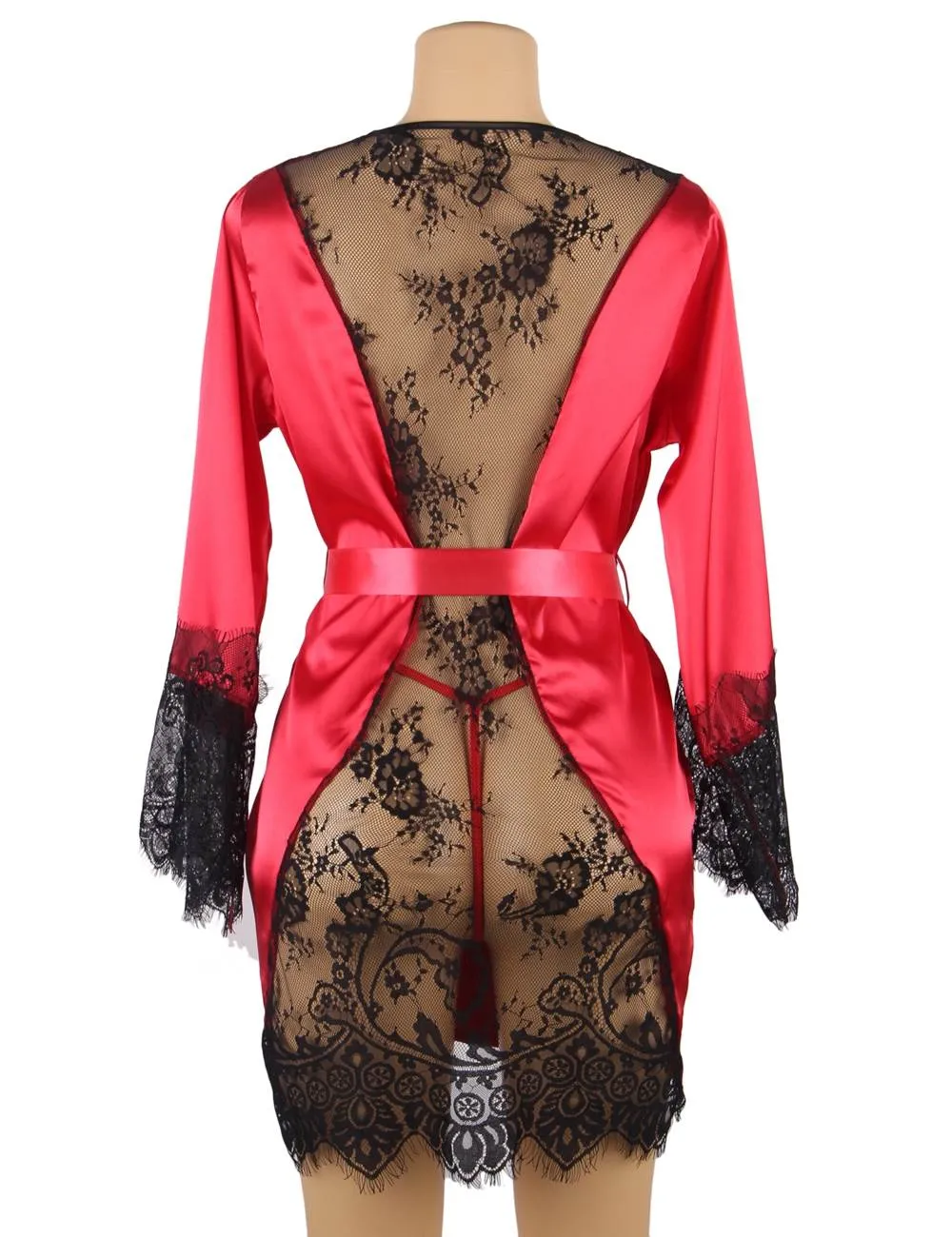 With Farawlaya Plus Size Silk Satin Lace Back Hollow Out Sexy Women Kimono Home