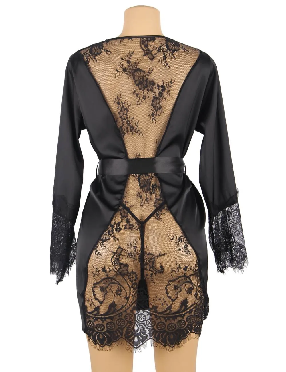 With Farawlaya Plus Size Silk Satin Lace Back Hollow Out Sexy Women Kimono Home