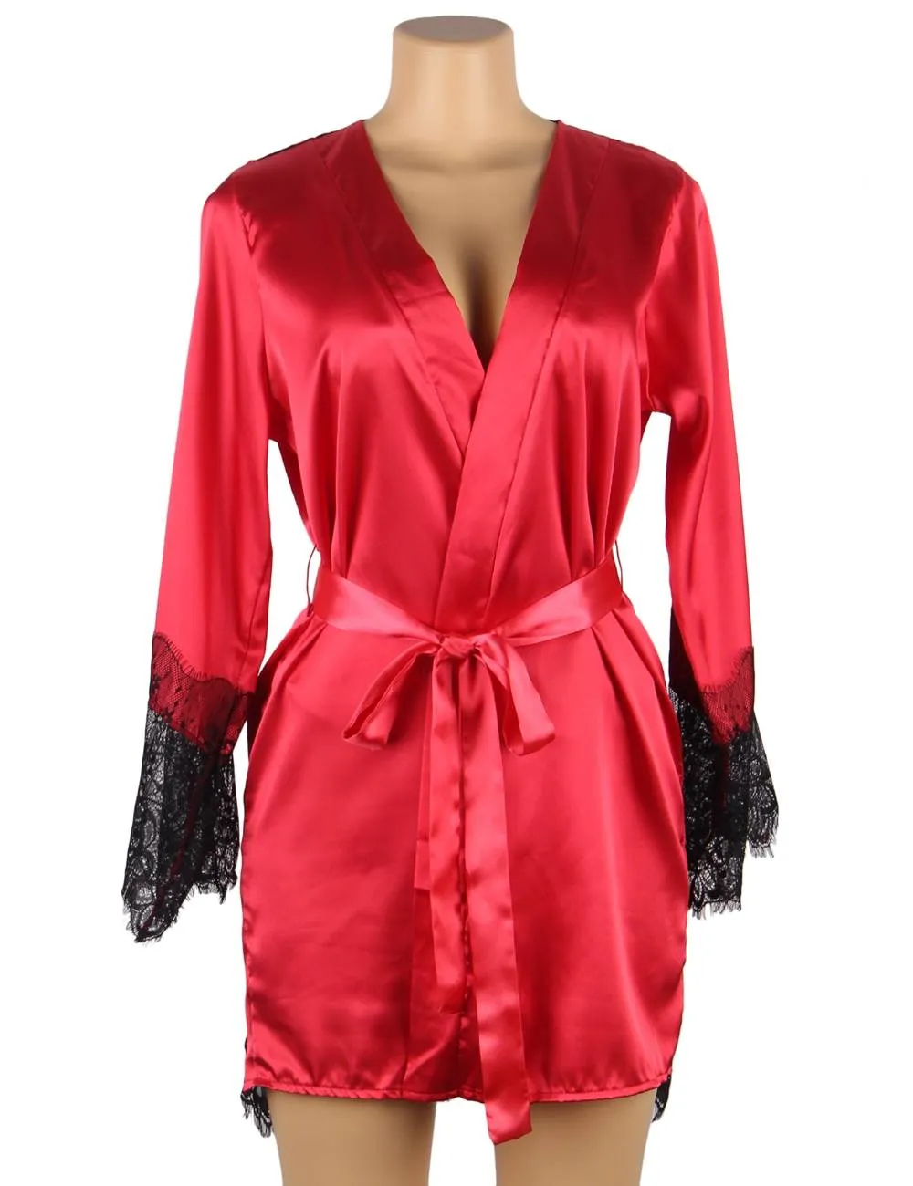 With Farawlaya Plus Size Silk Satin Lace Back Hollow Out Sexy Women Kimono Home