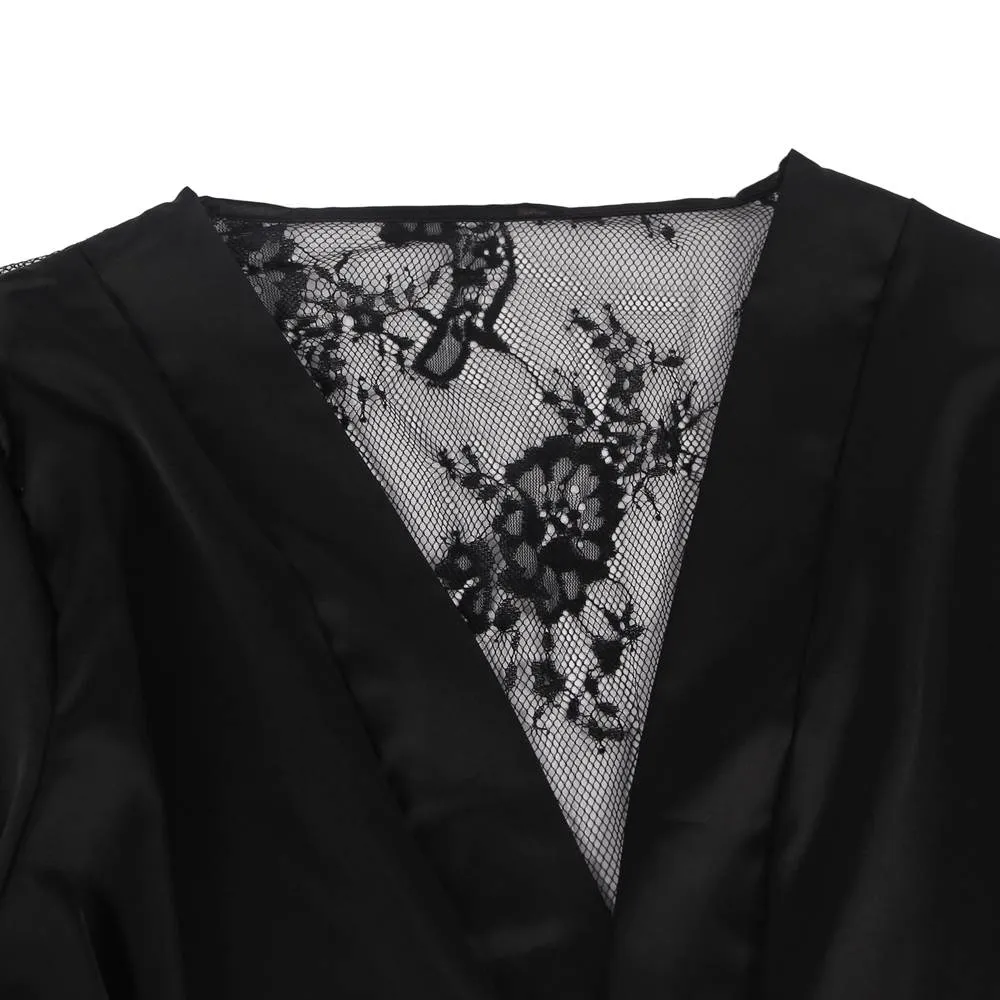 With Farawlaya Plus Size Silk Satin Lace Back Hollow Out Sexy Women Kimono Home