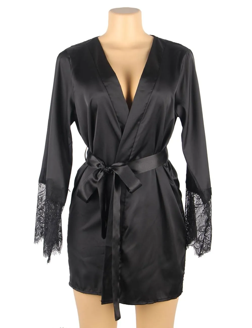 With Farawlaya Plus Size Silk Satin Lace Back Hollow Out Sexy Women Kimono Home