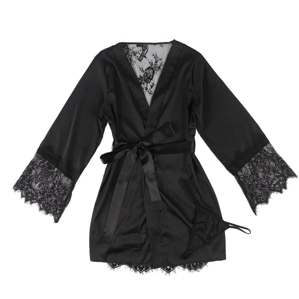 With Farawlaya Plus Size Silk Satin Lace Back Hollow Out Sexy Women Kimono Home