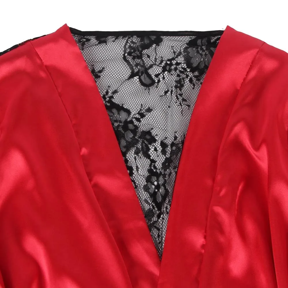 With Farawlaya Plus Size Silk Satin Lace Back Hollow Out Sexy Women Kimono Home