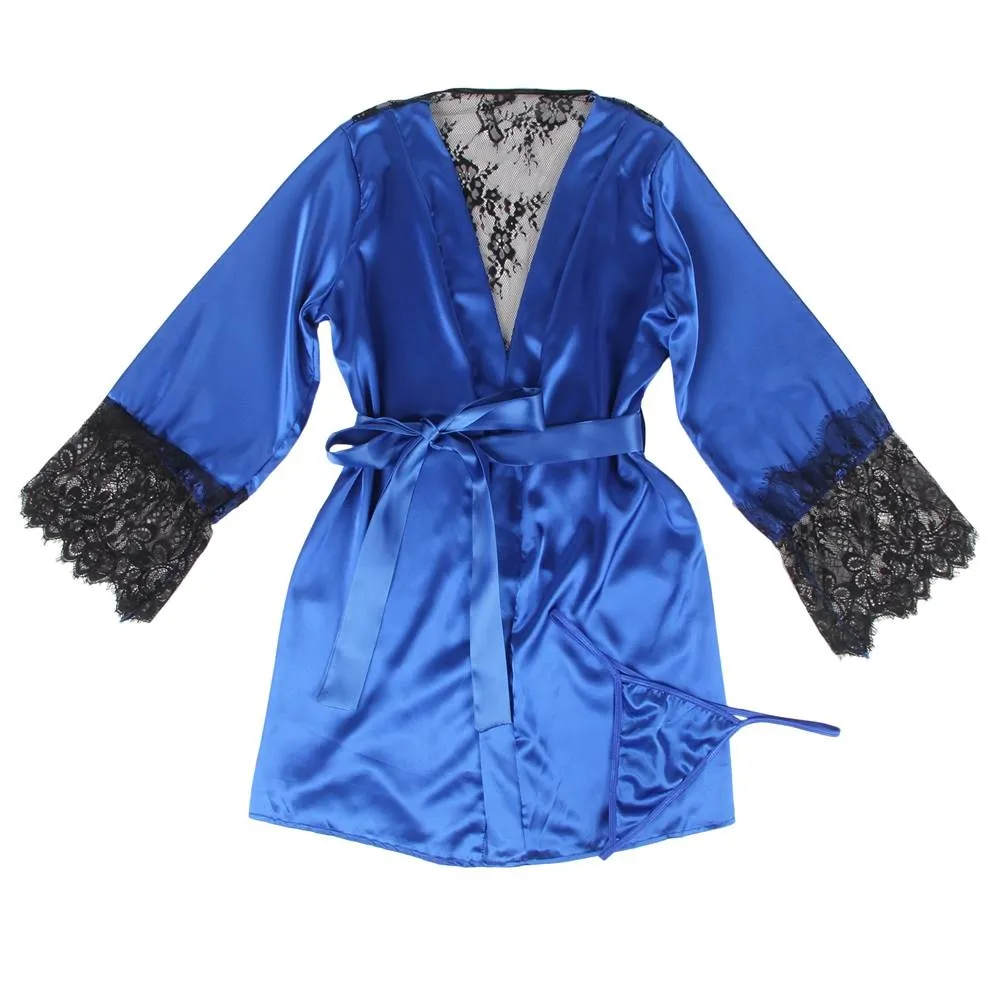 With Farawlaya Plus Size Silk Satin Lace Back Hollow Out Sexy Women Kimono Home