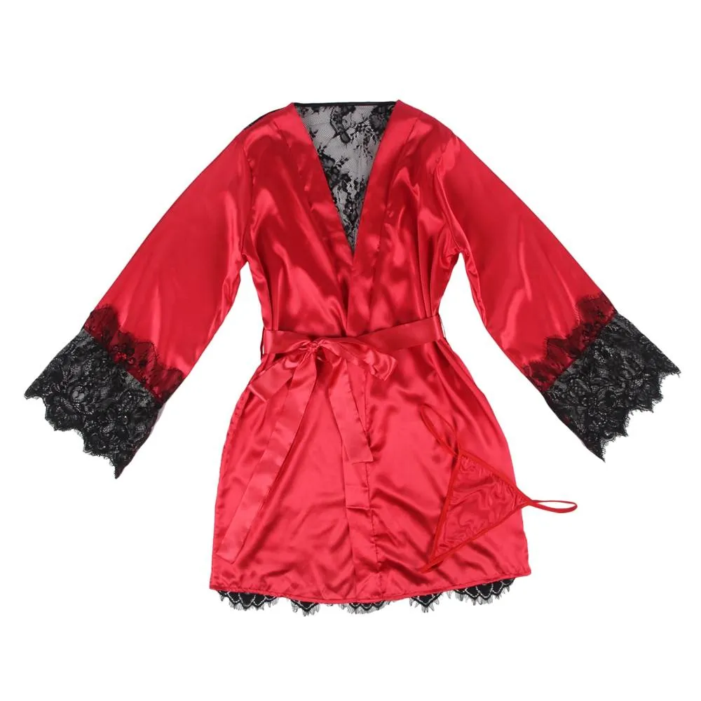 With Farawlaya Plus Size Silk Satin Lace Back Hollow Out Sexy Women Kimono Home
