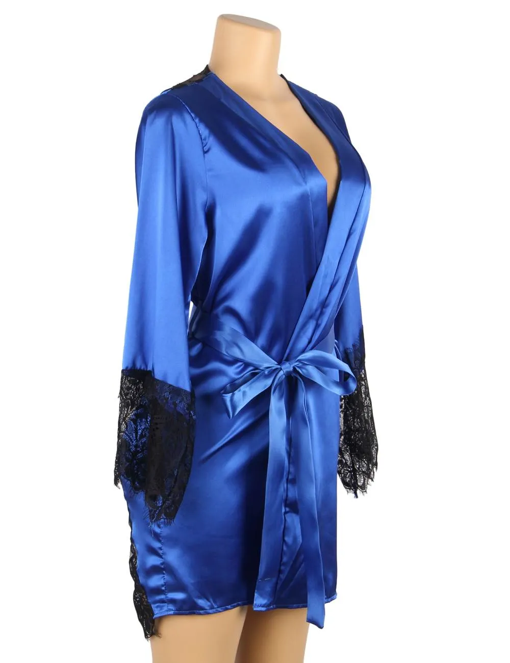 With Farawlaya Plus Size Silk Satin Lace Back Hollow Out Sexy Women Kimono Home