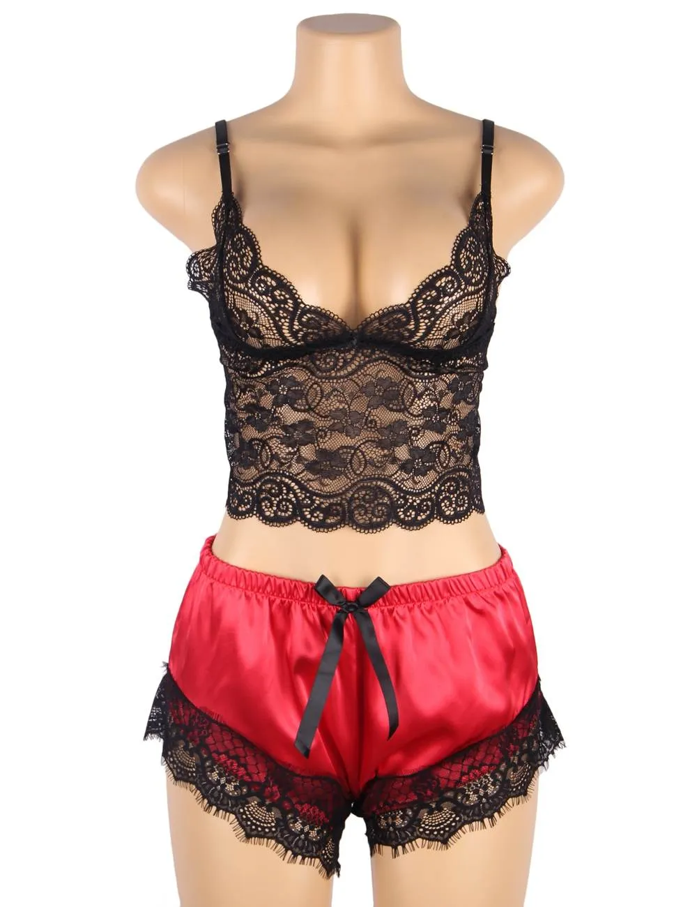 Women Hollow Sexy Sleepwear Nightwear Lace Trim Satin Top Pajama Sets