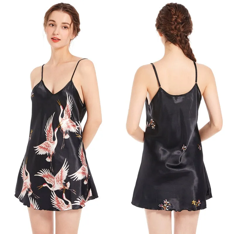 Women Pajamas Satin Nightgown Crane Print Sleepwear Nightwear