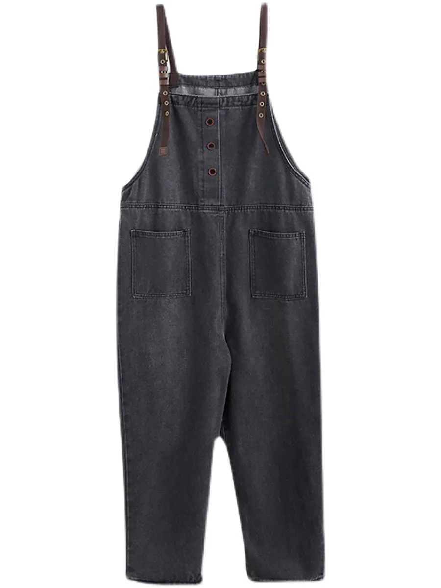 Women Retro Spring Solid Loose Denim Jumpsuits