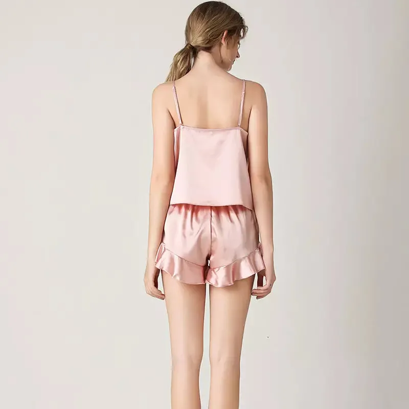 Women Sexy Silk Satin Ruffled Pajamas Sets