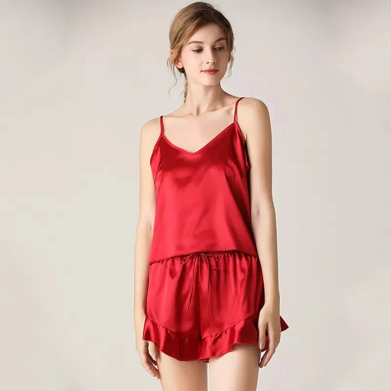 Women Sexy Silk Satin Ruffled Pajamas Sets