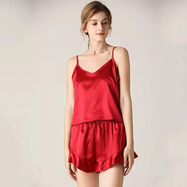 Women Sexy Silk Satin Ruffled Pajamas Sets