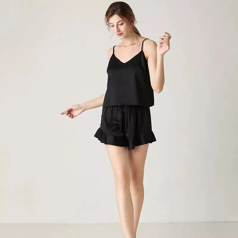 Women Sexy Silk Satin Ruffled Pajamas Sets