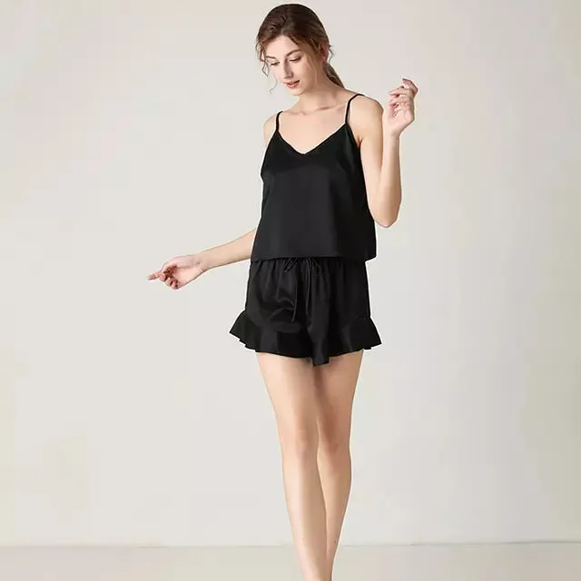 Women Sexy Silk Satin Ruffled Pajamas Sets