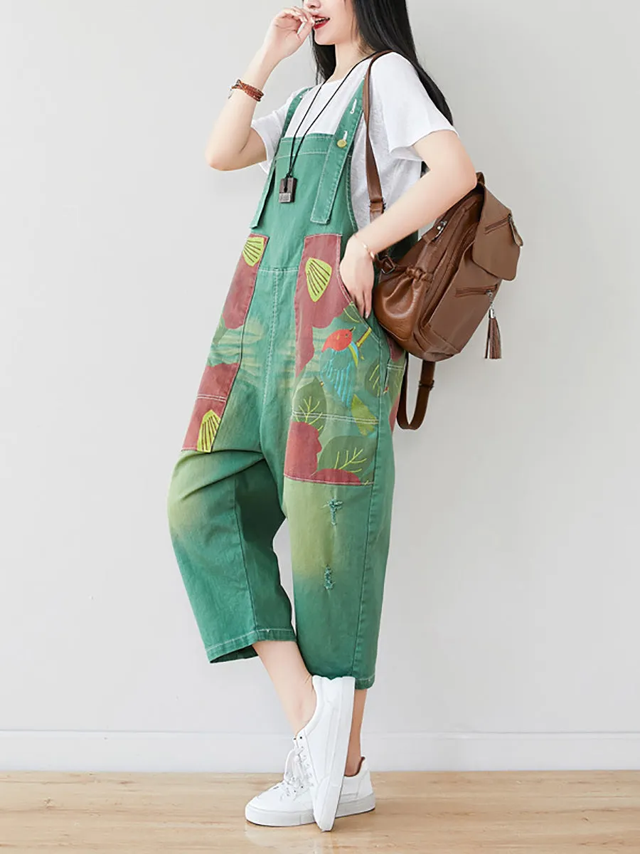 Women Summer Artsy Flower Patch Spliced Pocket Denim Jumpsuits