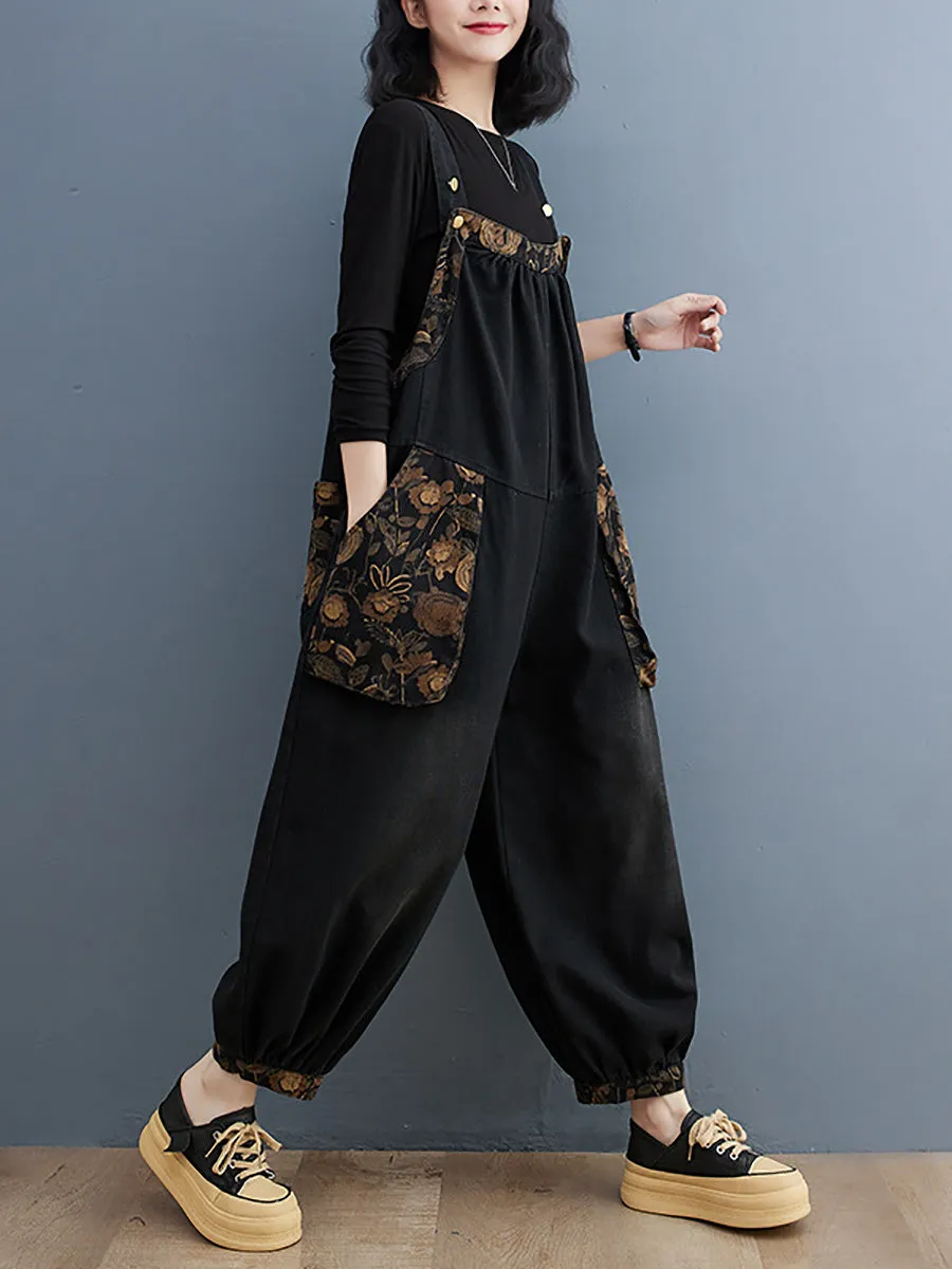 Women Vintage Floral Spliced Winter Denim Jumpsuits