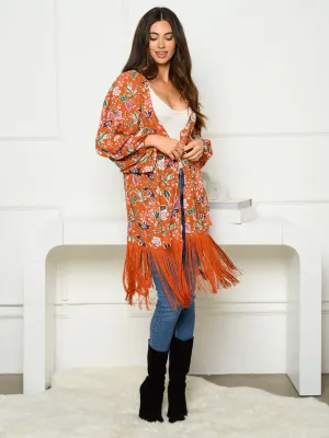WOMEN'S 3/4 SLEEVE OPEN FRONT FRINGE FLORAL KIMONO