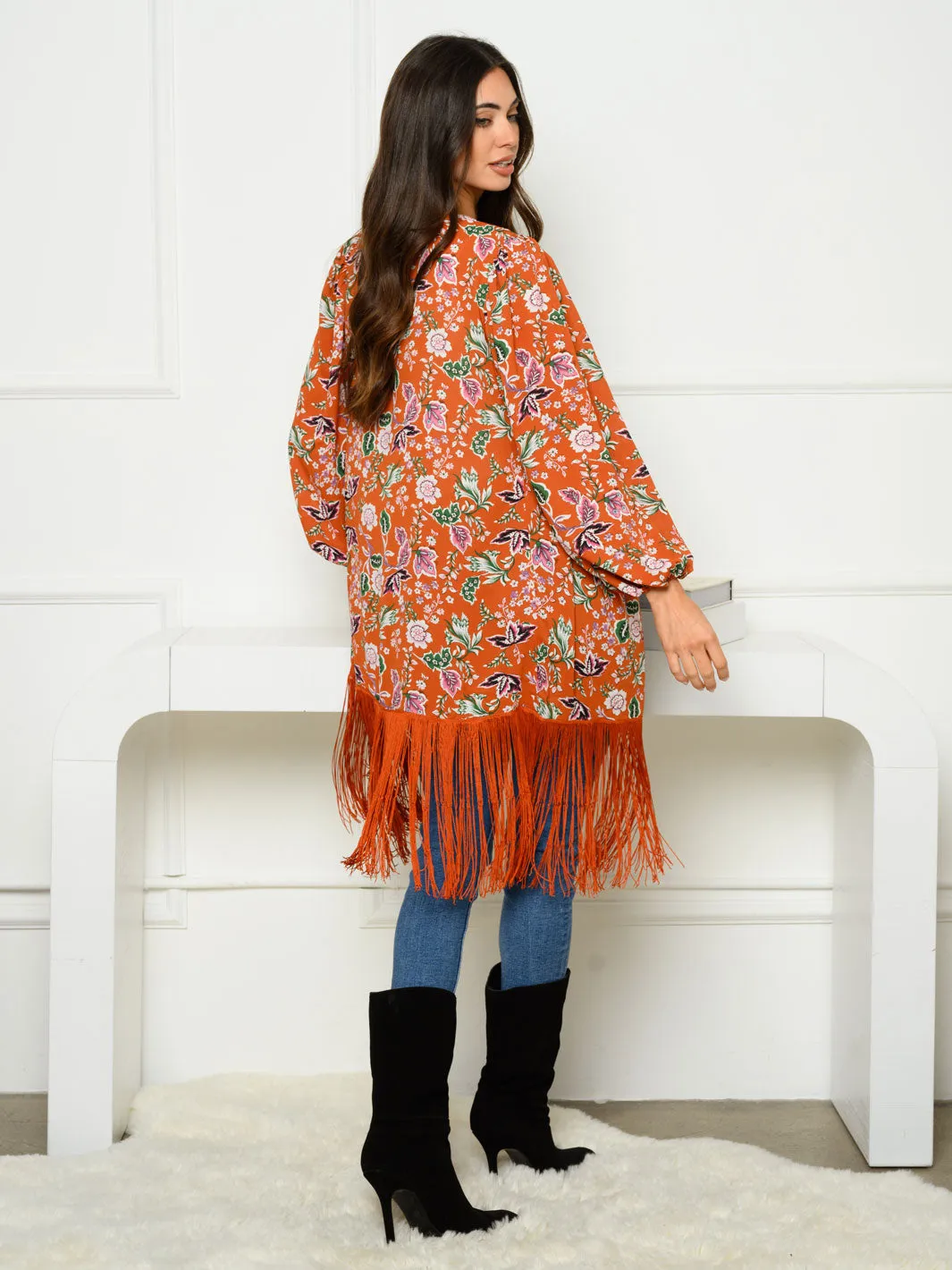 WOMEN'S 3/4 SLEEVE OPEN FRONT FRINGE FLORAL KIMONO